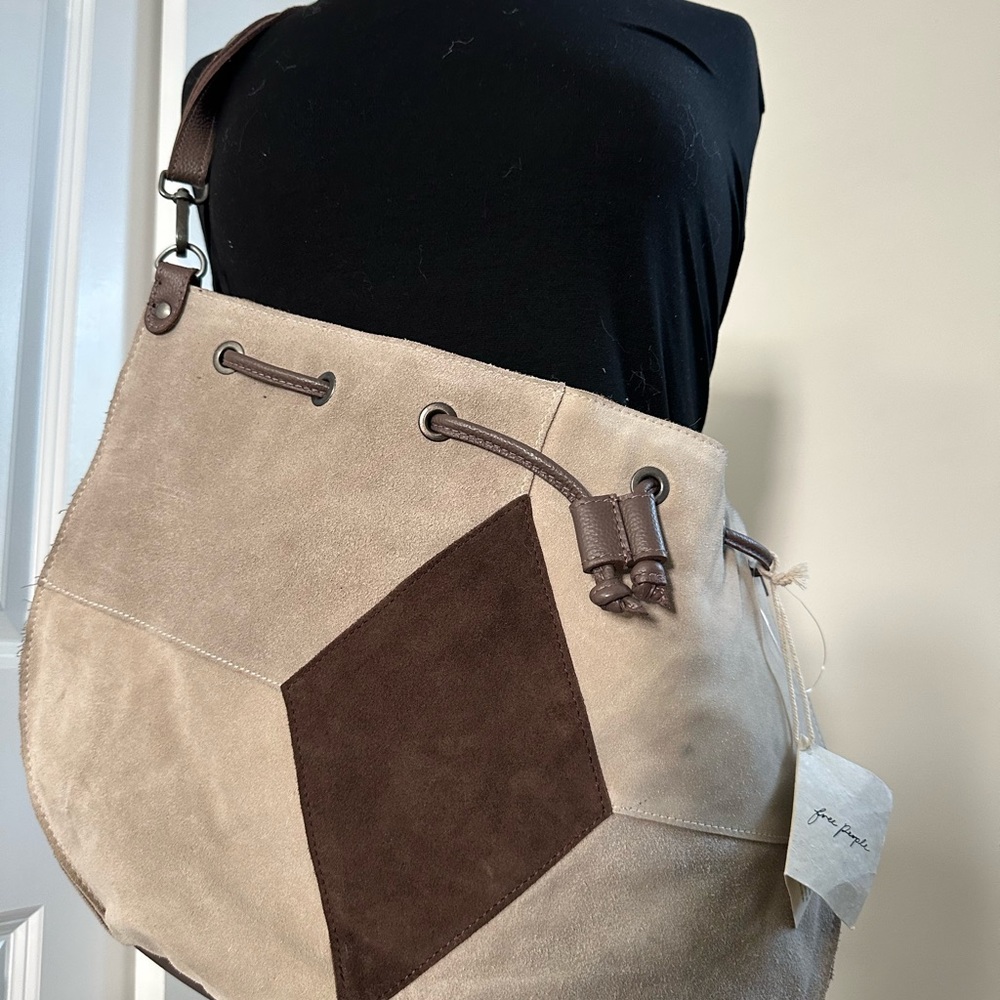 Suede Drawstring Bucket Bag in Taupe - Picture 5 of 7
